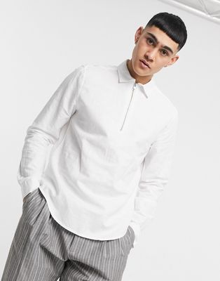 ASOS DESIGN regular fit linen shirt with half zip in white