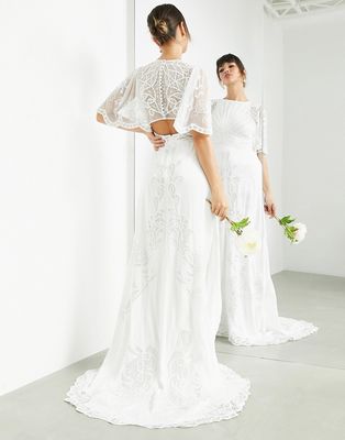 ASOS EDITION Savannah vintage embroidered wedding dress with flutter sleeve-White