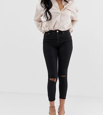 ASOS DESIGN Petite Ridley high waisted skinny jeans in clean black with ripped knees