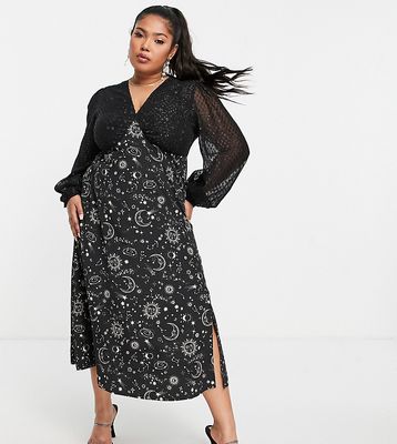 Neon Rose Plus long sleeve midi tea dress in celestial & star mix-Black