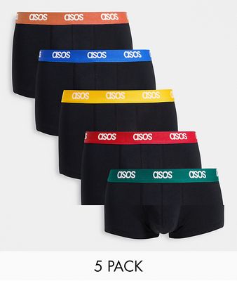 ASOS DESIGN 5 pack short trunks in black with contrast waistbands-Multi
