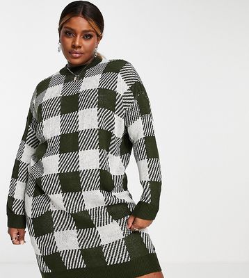 Noisy May Curve high neck knitted mini dress in green & white check-Multi