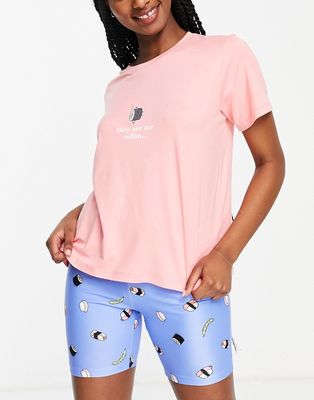 Loungeable sushi legging short pajama set in peach and blue-Pink