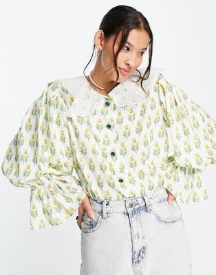 Sister Jane blouse in floral with embroidered collar-Green
