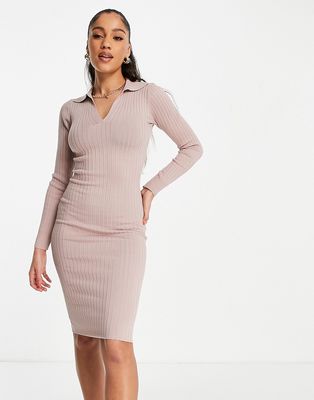 QED London polo knitted midi dress in taupe-Brown