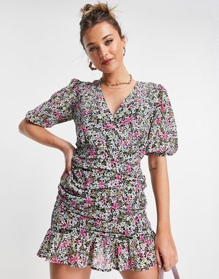 In The Style x Olivia Bowen wrap front frill hem mini dress in multi floral print