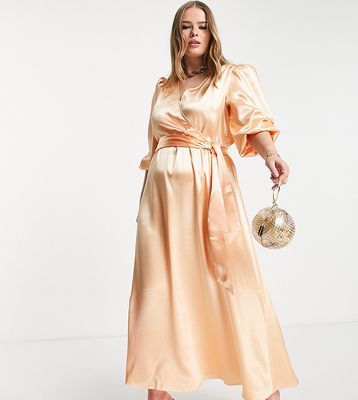Vila Curve Bridesmaid wrap front maxi dress in apricot satin-Orange