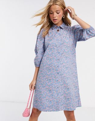 Pieces mini shirt dress with puff sleeves in blue ditsy floral-Multi