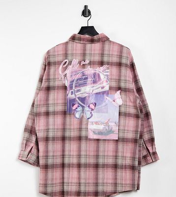 Missguided Petite oversized check shirt with graphic in pink