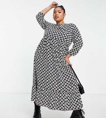 Glamorous Curve midi smock dress with pleated hem in retro daisy print-Black