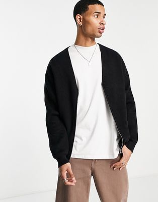 Topman ribbed zip through cardigan in black