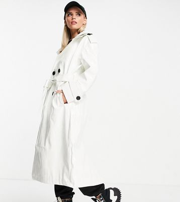 ASOS DESIGN Petite glossy patent hooded trench coat in cream-White