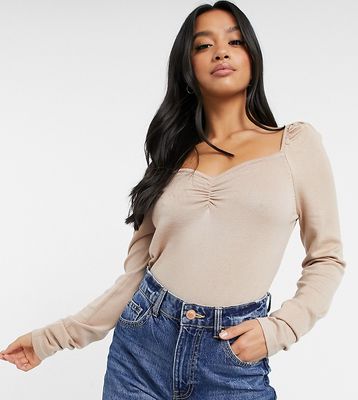New Look Petite sweetheart neckline sweater in camel-Brown