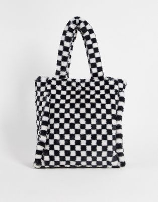 Skinnydip check fluffy tote bag in black and white-Multi