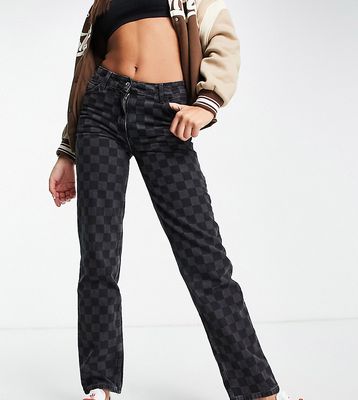 COLLUSION x014 mid rise 90s baggy checkerboard dad jeans in washed black-Multi