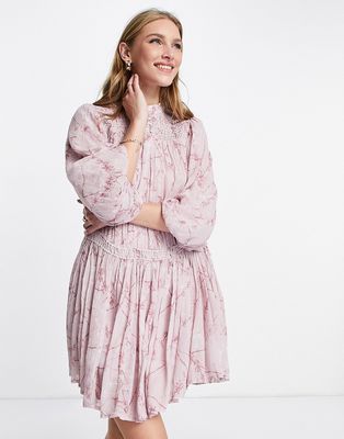 AllSaints drop waist tea dress with long sleeves in pink floral