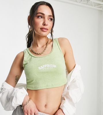 Missguided Tall terrycloth crop top with happiness slogan in green - part of a set