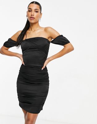 Parisian satin off shoulder body-conscious dress in black