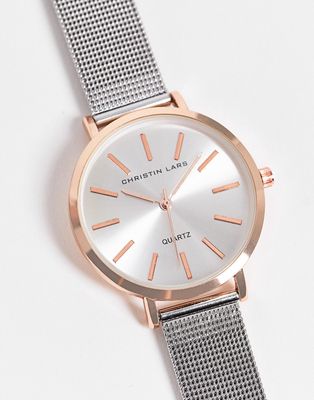 Christian Lars Womens two tone mesh strap watch in silver and rose gold