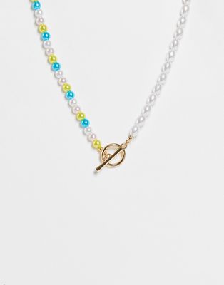 Topshop t-bar split beaded and pearl necklace in gold-White