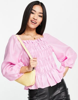 Pieces satin shirred puff sleeve blouse in pink