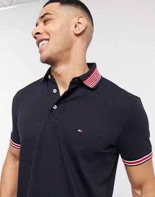 Tommy Hilfiger flag logo contrast tipped collar pique polo regular fit in desert sky navy