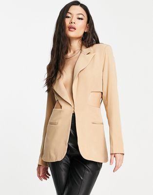 Aria Cove cut out waist blazer in camel-Pink