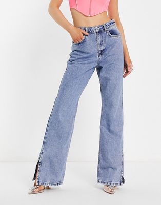 NA-KD high waist jeans with side slit in blue