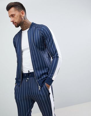 The Couture Club muscle fit track top in pinstripe with side stripe-Navy