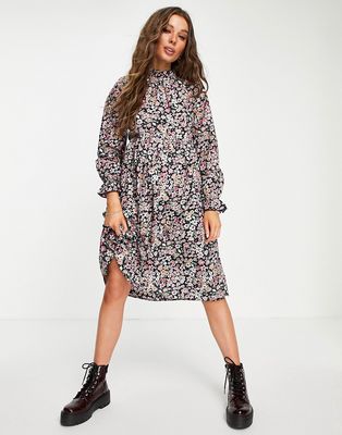 Only midi dress with frill neck in floral print-Multi