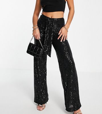 In The Style Petite Exclusive sequin wide leg pants with drape detail in black