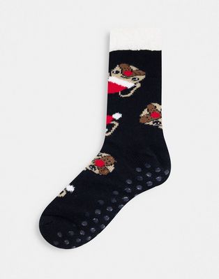 ASOS DESIGN slipper socks with Christmas pugs-Black