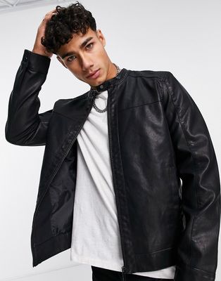 Only & Sons faux leather racer jacket in black