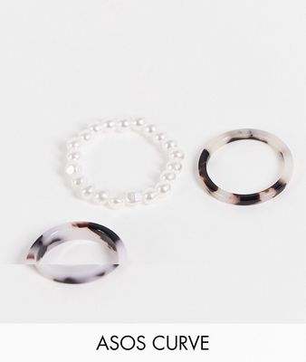 ASOS DESIGN Curve pack of 3 rings with stretch pearl and tort plastic ring-Multi