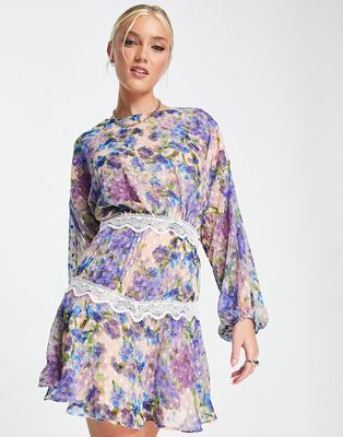 Hope & Ivy Tomasina print mini dress with long sleeves in lilac-Purple