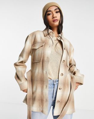 & Other Stories check print overshirt jacket in beige-Neutral