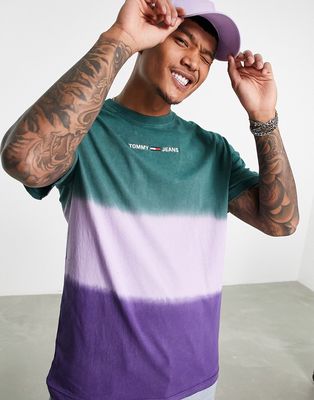 Tommy Jeans straight logo color block dip dye relaxed fit t-shirt in purple/green
