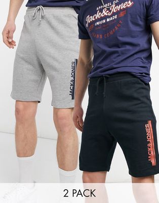 Jack & Jones 2 pack jersey shorts in black and light gray heather-Multi