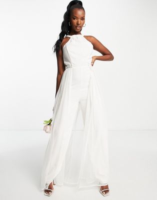 Starlet Bridal halter neck jumpsuit with detachable tulle overlay in ivory-White