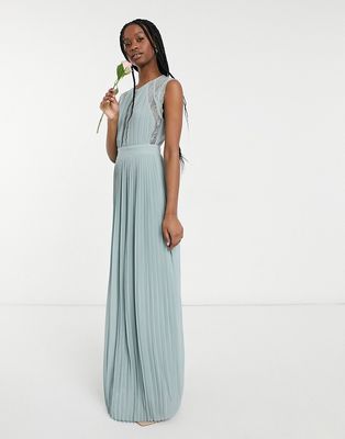 TFNC bridesmaid lace insert plunge front maxi dress in sage-Green