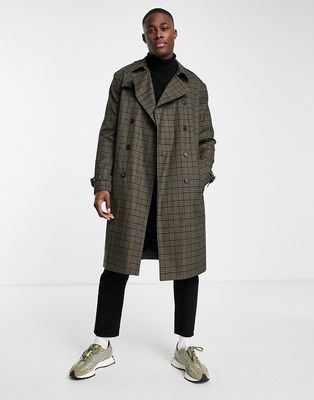 ASOS DESIGN double breasted trench coat in green tartan check