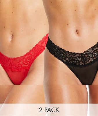 Ivory Rose 2-pack mesh and lace trim thongs in black and white-Multi