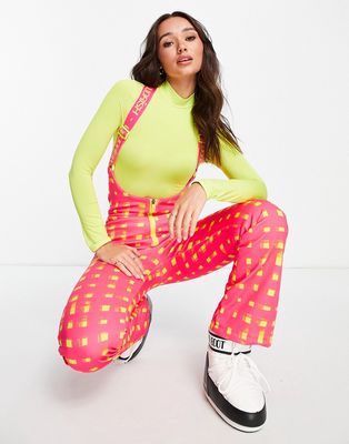 Liquorish SKI waterproof salopettes in bright pink check-Multi