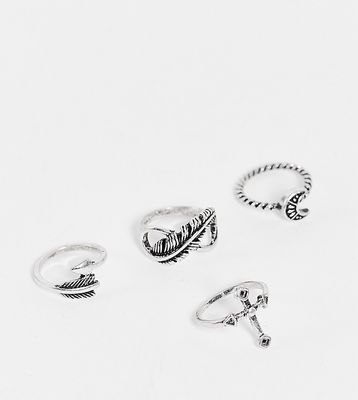 Reclaimed Vintage Inspired cross and feather rings in silver 4 pack
