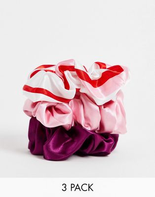 Vero Moda matching 3 pack satin hair scrunchies in pink stripe, burgundy & pink-Multi