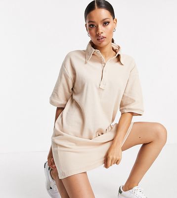 Threadbare Petite short sleeve polo shirt mini dress in sand-Neutral