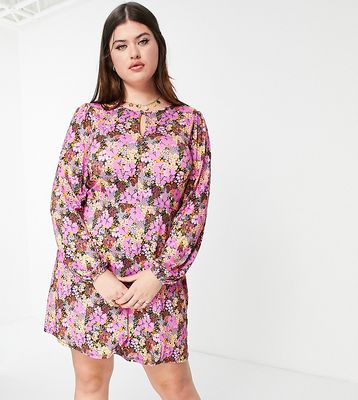 ASOS DESIGN Curve mini tea dress with volume sleeves in floral print-Multi