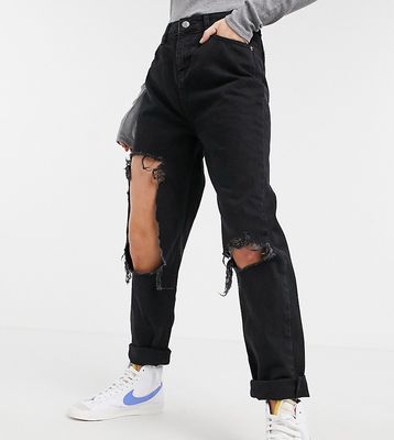 ASOS DESIGN Petite 'original' mom jean in clean black with extreme rips