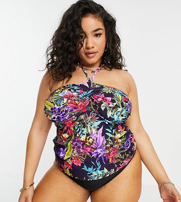 Figleaves Plus rio bandeau tummy control tankini top in navy tropical-Multi