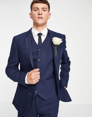 ASOS DESIGN wedding skinny wool mix suit jacket in navy herringbone